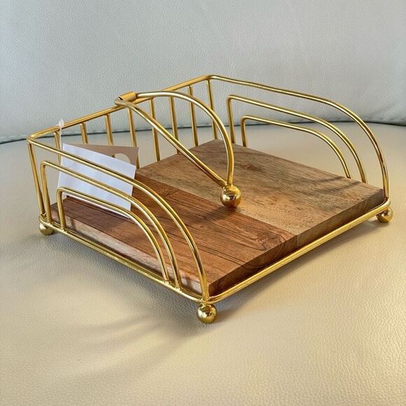 NWT Gorgeous Modern Gold Metal with Rustic Wood Base Napkins Holder Minimalist - Picture 1 of 10